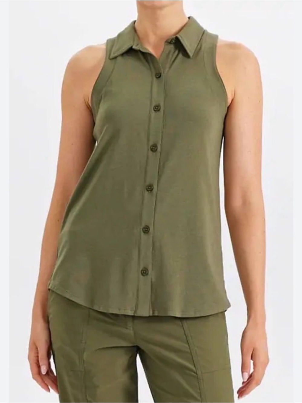 Anatomie Elise Top Moss Green Sleeveless Button Front Travel Shirt Size Small